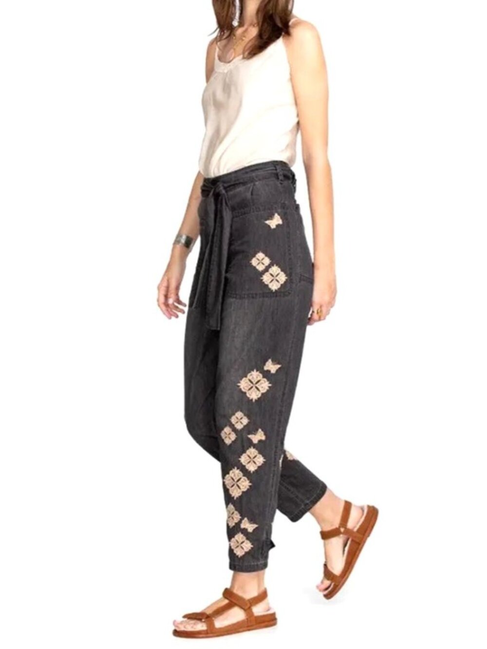 Johnny Was Women Sz Small Embroidered Floral Cotton Jade Black Pants Tie Waist